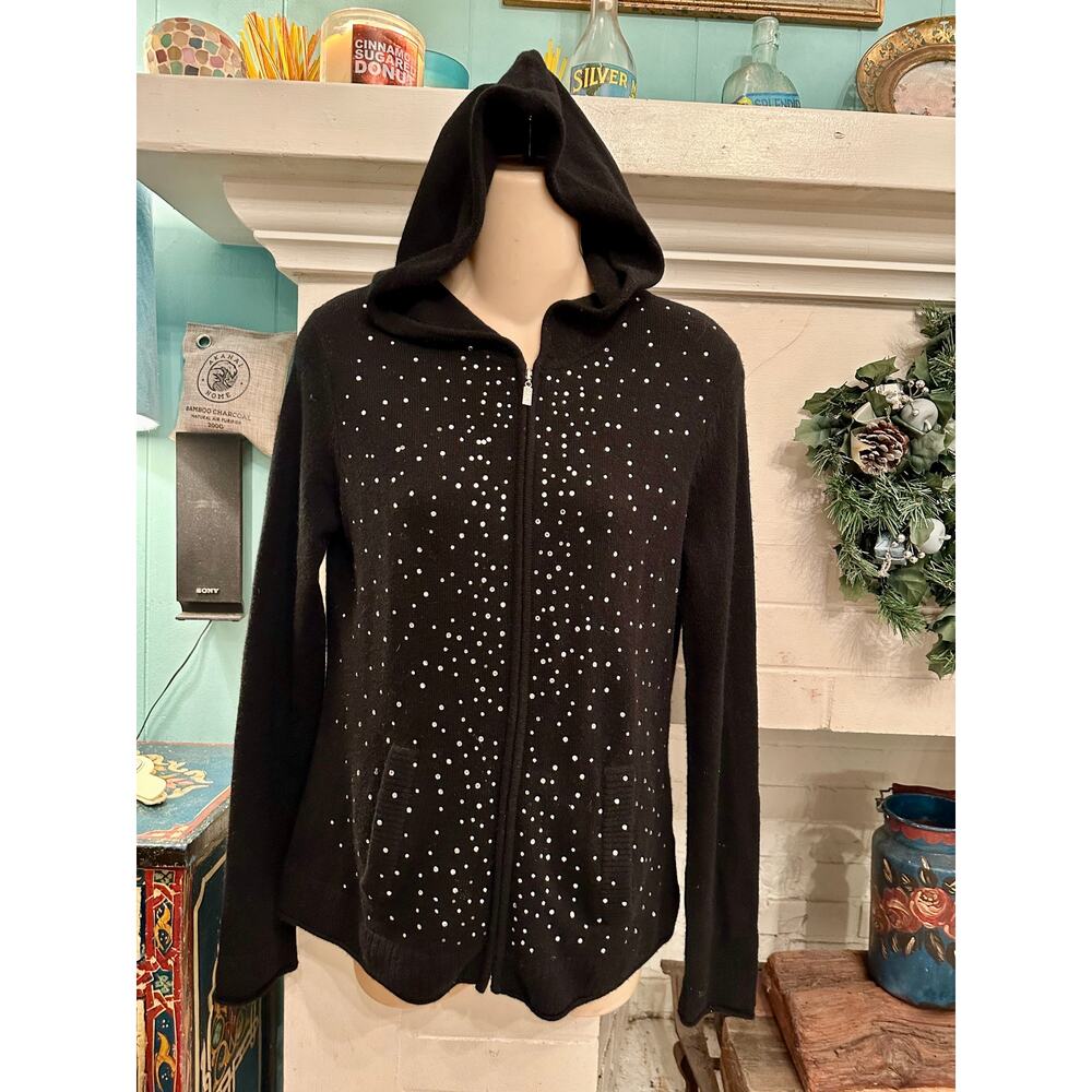 VINTAGE BLACK 100% CASHMERE RHINESTONE HOODIE S SUPER LUXE!